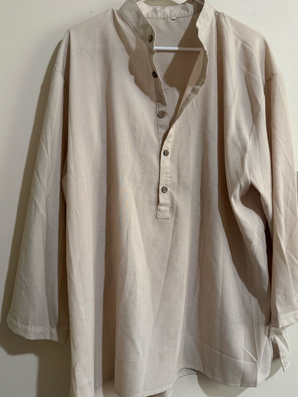 Neutral Beige stripe Mandarin Collar Pullover Shirt